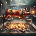 A whole pig, golden brown and succulent, rotates on a spit over a bed of barbecue coals