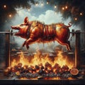 A whole pig, golden brown and succulent, rotates on a spit over a bed of barbecue coals