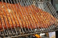 Whole pig roasted on a big grill. Kind of Cheverme, whole animal roasted on a rotating grill. A huge barbecue for a whole swine. O Royalty Free Stock Photo