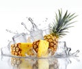 Whole pineapples and pineapple chunks on ice cubes and a few dynamic water splashes against a white background. Generative AI