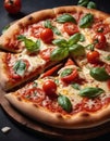 Whole Pizza with Basil and Tomato on Board Royalty Free Stock Photo
