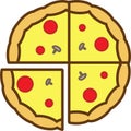 The whole pizza colored icon is sliced into 4 pieces with mushrooms, tomatoes and cheese