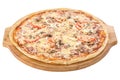 Whole pizza with mushrooms, ham and cheese on wooden board isolated on a white background Royalty Free Stock Photo