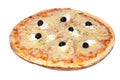 Whole pizza with onion rings and black olives Royalty Free Stock Photo