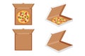 The whole pizza in the opened and closed cardboard box