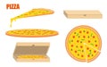 Whole pizza and slices with boxes. Flat style illustration isolated Royalty Free Stock Photo