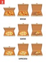 Whole pizza and slices of pizza in open and semi-open white box. Pepperoni, Hawaiian, Margherita. Vector isolated flat