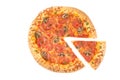 Whole pizza top view with a slice cut Royalty Free Stock Photo