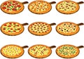 Whole pizza types with different toppings collection vector illustration