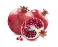 Whole pomegranates and half slice on white background