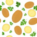 Whole potatoes and potato slices isolated on white background. Unpeeled potatoes tuber with parsley leaves. Vector illustration.