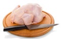 Whole raw chicken carcasses, cutting board and knife isolated. Royalty Free Stock Photo