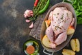 Whole raw chicken with ingredients for making rose pepper, lemon, thyme, garlic, cherry tomato, sorrel, apples, salt in the Royalty Free Stock Photo