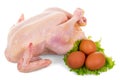 Whole raw chicken meat, lettuce and eggs isolated on white.