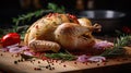 Whole raw chicken with rose pepper and thyme on wooden table. Generative Ai Royalty Free Stock Photo