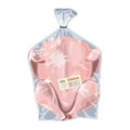Whole raw chicken is in transparent plastic bag. Fresh poultry meat is in disposable packing.