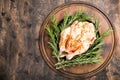 Whole raw chicken on wooden cutting board. raw chicken carcass Royalty Free Stock Photo