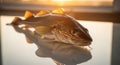 Whole raw codfish with spotted pattern lying on reflective surface with sunset glow Royalty Free Stock Photo