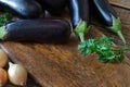 Whole raw eggplant, onions and parsley on wooden cutting board Royalty Free Stock Photo