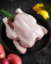 Whole raw Free range chicken in rustic skillet with rosemary leaf, thyme, lemon, red potatoes and garlic. ready to cook Royalty Free Stock Photo