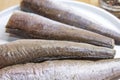 Whole raw hake fish portions arranged on white plate with spices on kitchen table Royalty Free Stock Photo
