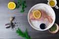 Whole raw organic fish sea perch on ice cubes in white plate on a dark table background. Fish with lemon, black pepper, dill, oil. Royalty Free Stock Photo