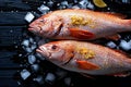 Whole red snapper fish on ice, top view. Royalty Free Stock Photo