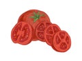 Whole ripe fruit, half and slices of sweet red tomato with peduncle. Composition with fresh organic vegetables. Colored