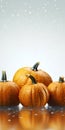 Whole ripe wet pumpkins on light background with water drops. Autumn pumpkin background. Holiday concept - Halloween or