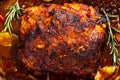 Whole roast shoulder of pulled pork in roasting pan Royalty Free Stock Photo