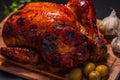 Whole roasted chicken on cutting board with vegetables over black background Royalty Free Stock Photo