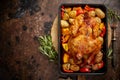 Whole roasted chicken or turkey with pumpkin, potatoes, red pepper and rosemary. Royalty Free Stock Photo