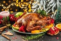 Whole roasted duck with oranges, berries and herbs. Dish for Christmas Eve Royalty Free Stock Photo