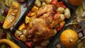 Whole roasted turkey or chicken with pepper, pumpkin, potatoes, carrots