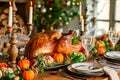 Whole roasted turkey is displayed on wooden table with cranberry sauce and other fixings around it all set for elegant Royalty Free Stock Photo