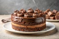 Whole Chocolate Layer Cake with Ganache Drizzle and Chocolate Frosting Swirls on a White Plate Royalty Free Stock Photo