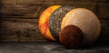 Whole round Head of parmesan or parmigiano hard cheese and wine on a wooden background. farmer market. Long banner Royalty Free Stock Photo