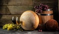 Whole round Head of parmesan or parmigiano hard cheese and wine on a wooden background. farmer market. place for text. Long banner Royalty Free Stock Photo