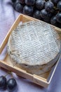 Whole round mature French Tomme cheese close up