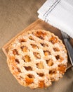 Whole rustic apple pie shown from above