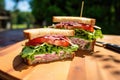 whole sandwich cut diagonally on a wooden picnic table