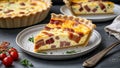 Whole slice of bacon cheddar quiche with browned top and crust edge placed flat Royalty Free Stock Photo