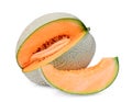 Whole and slice of japanese melons, orange melon or cantaloupe melon with slice isolated on white