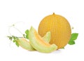 Whole and slice of pearl orange melon with green leaf isolated Royalty Free Stock Photo