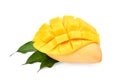 Whole and slice ripe mango fruit with green leaf isolated on white