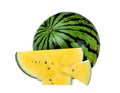 Whole and slice yellow watermelon isolated on white Royalty Free Stock Photo