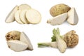 Whole and sliced celery roots isolated on white, collage design