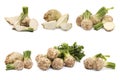 Whole and sliced celery roots isolated on white, collage design