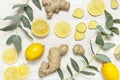 Whole and sliced fresh lemon, ginger root, eucalyptus leaves on white wooden background. Flat lay top view copy space. Minimal Royalty Free Stock Photo