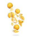 Whole and sliced fresh oranges in the air, isolated on a white background Royalty Free Stock Photo